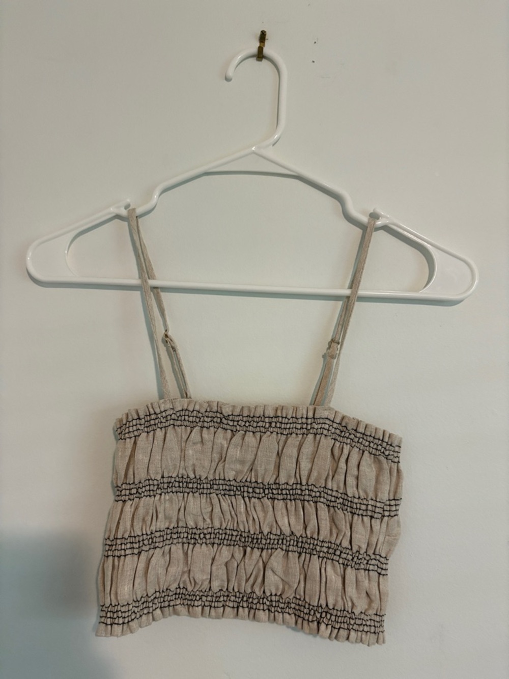NWT DISSH Smocked Beige Crop Top with Black Stitching